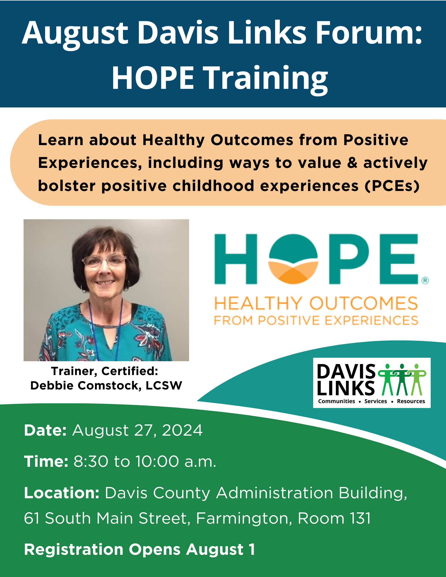 August 2024 Davis Links Forum Flyer: Healthy Outcomes from Positive Experiences Training