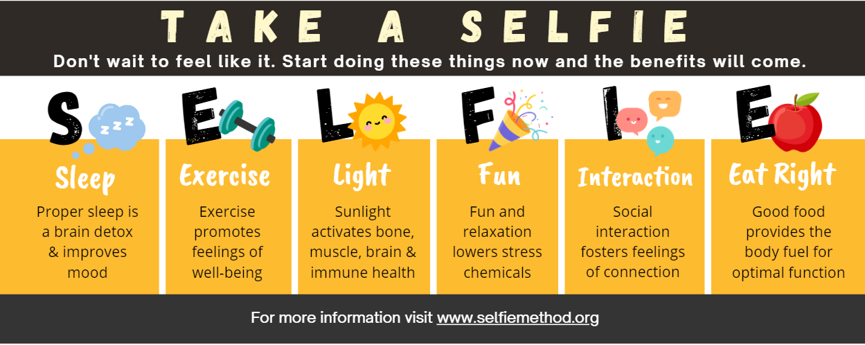 Take a selfie - SLEEP - EXERCISE - LIGHT - FUN - INTERACTION - EAT RIGHT